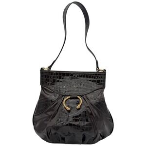 KUDRA STUDIOS Croc Embossed Leather Shoulder Bag Brown Gold Ring Hobo USA